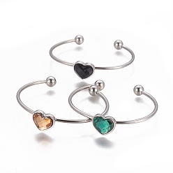 Mixed Color 304 Stainless Steel Cuff Bangles, with Acrylic Rhinestone, Heart, Faceted, Stainless Steel Color, Mixed Color, 2-1/4 inch(5.7cm), 2~8mm