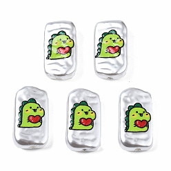 Jaune Vert 3d perles d'imitation en plastique ABS imprimées, rectangle avec dinosaures, jaune vert, 17x9x4mm, Trou: 1mm