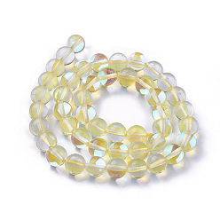 Light Yellow Synthetic Moonstone Beads Strands, Dyed, Holographic Beads, Half AB Color Plated, Round, Light Yellow, 8mm, Hole: 1mm, about 49pcs/strand, 15 inch
