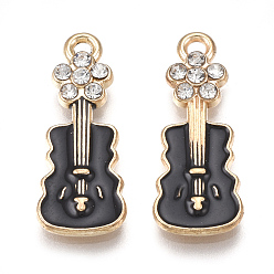 Black Alloy Pendants, Cadmium Free & Lead Free, with Enamel and Rhinestone, violin, Light Gold, Crystal, Black, 22x8.5x2.5mm, Hole: 2mm