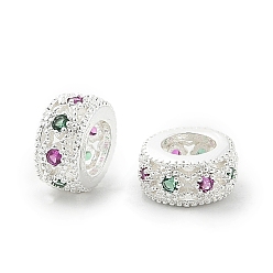 Серебро Латунные микро проложить Цирконий Европейский бисером, плоско-круглые, бусины с большим отверстием, стойки покрытие, без кадмия и без свинца, долговечный, серебряные, 6x3 мм, отверстие : 3 мм