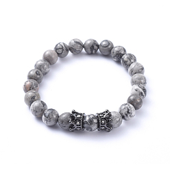 Kartenstein Naturkarte Stein Stretch Perlen Armbänder, mit Messing Micro Pave Zirkonia Kronenperlen, Innendurchmesser: 2-1/8 Zoll (5.5 cm)