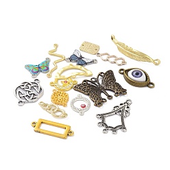 Mixed Color Alloy Links Connectors, Leaf & Butterfly & Heart & Twist & Flat Round & Moon & Rectangle & Flower, Mixed Color, 14~44x8~33.5x1~7mm, Hole: 1.2~2.6mm