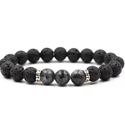 Black Moonstone 8 Pulseras elásticas redondas de piedra lunar negra natural y roca volcánica natural para parejas, 7.48 pulgada (19 cm)
