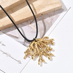 Golden Summer Beach 304 Stainless Steel Coral Shape Pendant Adjustable Black Waxed Cord Necklaces for Women, Golden, 28.35 inch(72cm)