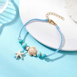 Небесно-голубой Браслеты с подвесками из синтетических бусин бирюзы, окрашенных в виде морских звезд и черепах, Регулируемые плетеные браслеты из бусин из окрашенной синтетической императорской яшмы и натурального желтого нефрита для женщин, голубой, 7-1/2 дюйм (19 см)