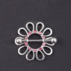 Цветок 316l Кольца для сосков из хирургической нержавеющей стали с розовыми стразами, цвет нержавеющей стали, цветок, Длина стержня: 16мм, штифты : 1.6 мм