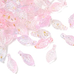 Pearl Pink Transparent Acrylic and Gold Foil Pendants, Leaf Charms, Pearl Pink, 10x5x3.5mm, Hole: 1.4mm