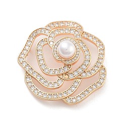 Настоящее золото 18K Покрытие стойки латунь микропаве прозрачные подвески из кубического циркония, с абс пластмассовой имитационной жемчужиной, цветок, без кадмия и без свинца, долговечный, реальный 18 k позолоченный, 35x35x14 мм, отверстие : 1.4 мм