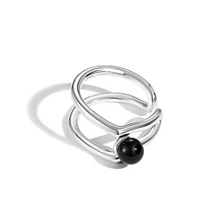 Silver S925 Sterling Silver Open Cuff Ring for Women, with Natural Black Agate, Round, Silver, US Size 7 1/2(17.7mm)