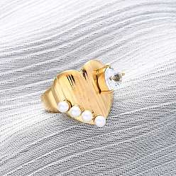 Золотой 304 регулируемые манжеты из нержавеющей стали для женщин, сердце, с искусственным жемчугом и микропаве из кубических цирконий, золотые, 16 мм, размер США 7 1/4 (17.5 мм)