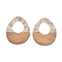 Темный Лосось Подвески из эпоксидной смолы и орехового дерева, с пайеткой / блестками, слеза, темный лосось, 37x28x3 мм, отверстие : 2 мм