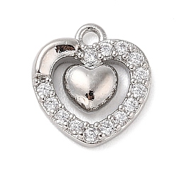 Platinum Brass with Cubic Zirconia Charms, Heart, Platinum, 11.5x10.5x3mm, Hole: 1.2mm