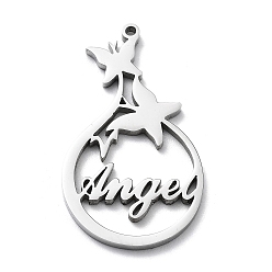 Нержавеющая Сталь Цвет Не тускнеющие 304 подвески из нержавеющей стали, бабочка со словом "ангел", цвет нержавеющей стали, 30x17x1.4 мм, отверстие : 1.2 мм