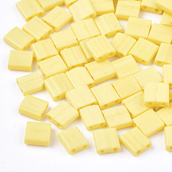 Yellow 2-Hole Opaque Glass Seed Beads, Frosted, Rectangle, Yellow, 5x4.5~5.5x2~2.5mm, Hole: 0.5~0.8mm