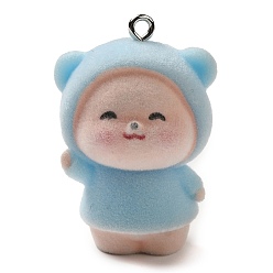 Светло-Голубой Подвески из флокированной смолы, Подвески в виде животных с железными петлями с платиновым покрытием, медведь, Небесно-голубой, 35x24x20 мм, отверстие : 2 мм