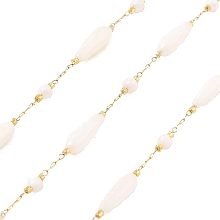 Real 18K Gold Plated Ion Plating(IP) 304 Stainless Steel Paperclip Chains, Soldered, with Shell Beads, Teardrop, Real 18K Gold Plated, 15.5x5mm, about 16.40 Feet(5m)/Roll