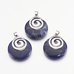 Содалитовое Природные подвески содалитом, с латунной фурнитурой платинового цвета, плоско-круглые, 32x28x6 мм, отверстие : 4x5 мм