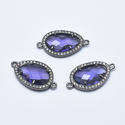 Розовато-лиловый Латунные микро проложить кубических ссылки циркония, со стеклом, граненые, слеза, металлический черный , розовато-лиловый, 28x16x4.5 мм, отверстие : 1.6 мм