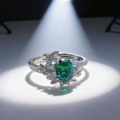 Зеленый Латунные микро проложить пальцев кольца кубического циркония, овальные, платина, зелёные, внутренний диаметр: регулируемый