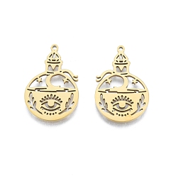 Real 18K Gold Plated Ion Plating(IP) 201 Stainless Steel Pendant, Hollow Charms, Bottle with Eye, Real 18K Gold Plated, 30x19.5x1.5mm, Hole: 1.4mm