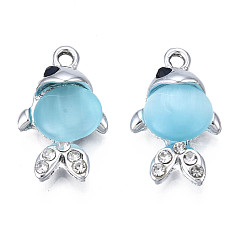 Light Sky Blue UV Plating Alloy Pendants, with Cat Eye and Crystal Rhinestone, Platinum, Cadmium Free & Lead Free, Fish, Light Sky Blue, 23x13.5x5mm, Hole: 2mm