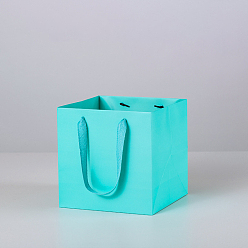 Cyan Solid Color Kraft Paper Gift Bags with Ribbon Handles, for Birthday Wedding Christmas Party Shopping Bags, Square, Cyan, 15x15x15cm