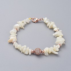 Rose Gold Natural Spiral Shell Chip Beaded Bracelets, with Brass Micro Pave Cubic Zirconia Beads, Brass Round Beads, 304 Stainless Steel Clasps Lobster Claw and Cardboard Packing Box, Rose Gold, 7-5/8 inch~7-7/8 inch(19.5~20cm)