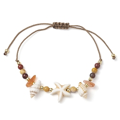 Red Agate Регулируемые плетеные браслеты из бусин для женщин, с естественным красные бусы агат, бусины из ракушек и золотистые стеклянные бусины, раковины и морская рыба, внутренний диаметр: 2-1/8~3 дюйм (5.45~7.6 см)