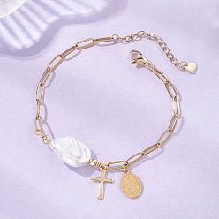 Золотой 304/201 из нержавеющей стали шарм браслеты, 304 Браслеты из нержавеющей стали в виде скрепок для женщин, овал с девой марии и крестом, с натуральным барочным жемчугом кеши, золотые, 7.48 дюйм (19 см)