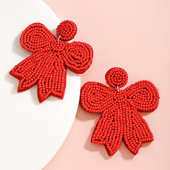 Красный Подвесные серьги-гвоздики в виде бантика из стекла и ткани., красные, 63x54 мм