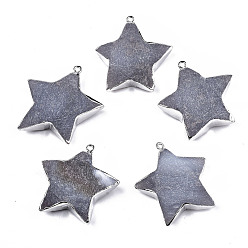 Grey Agate Natural Grey Agate Pendants, with Platinum Brass Edge and Iron Loop, Frosted, Star, 47x45x13.5mm, Hole: 2mm