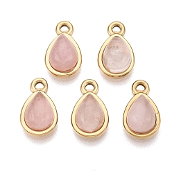 Розовый Кварц Подвески-капли из натурального розового кварца, 201 из нержавеющей стали амулеты падение, реальный 18 k позолоченный, ионное покрытие (ip), 13x8x4.5~5 мм, отверстие : 1.4~1.5 мм