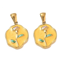 Oro 304 colgantes de esmalte de acero inoxidable, pepitas con amuletos florales, con perlas de imitación abs, revestimiento de iones (ip), larga duración plateado, dorado, dorado, 21.5x16.5x3.5 mm, agujero: 2.5x6 mm