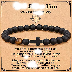 Смешанные камни Крест натуральный тигровый глаз и матовый черный обсидиан круглые бусины эластичные браслеты для мужчин и женщин, 7-1/8 дюйм (18 см)