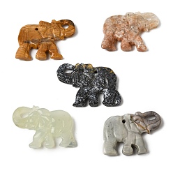 Смешанные камни Резные подвески из натуральных смешанных драгоценных камней, Слон прелести, смешанные окрашенные и неокрашенные, 30~33x40~43x6~7 мм, отверстие : 1.8~2 мм