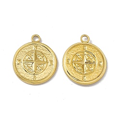 Золотой Вакуумное покрытие pvd 304 подвески из нержавеющей стали, плоские круглые с компасом, золотые, 19x16x1.5 мм, отверстие : 2.2 мм
