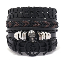 Черный 4 шт. 4 стили браслеты из деревянных бусин и шнуры из искусственной кожи для мужчин, череп, чёрные, 2-1/8~2-3/4 дюйм (5.5~7 см)