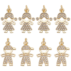 Золотой 12 шт 2 стиль латунные подвески, с четким кубического циркония, Мальчик и девочка, золотые, 16x9~10x12 мм, отверстие : 2~2.5 мм, 6 шт / стиль