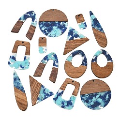 Sky Blue Walnut Wood & Transparent Resin Pendants, Mixed Shapes Charm, Sky Blue, 21~52.5x10.5~38.5x3~3.5mm, Hole: 2mm, about 14pcs/set