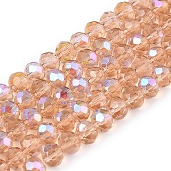 Персиковый Слойка Стеклянные бусины с гальваническим покрытием , с половиным покрытием цвета радуги, граненые, рондель, розовые, 4x3 мм, отверстие : 0.4 мм, около 105~110 шт / нитка, 38~39 см