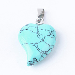 Синтетическая Бирюза Синтетические бирюзовые подвески с латунными находками, сердце, 21~23x14~15x5~6 мм, отверстие : 2x6 мм
