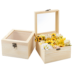 Желтая Старая Ткань  Деревянные коробки для хранения ювелирных изделий, со стеклянными окнами, квадратный, старое кружево, 18x18x11.4 см