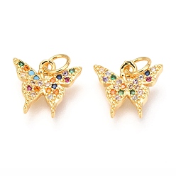 Настоящее золото 18K Латунные микро проложить кубического циркония прелести, бабочка с прыжковыми кольцами, реальный 18 k позолоченный, 11x12x2 мм, отверстие : 4 мм