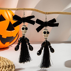 Черный Серьги-кисточки из сплава, смолы, стекла и хлопкового шнура на Хэллоуин, череп, платина, чёрные, 125x60 мм