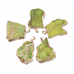 Желто-Зеленый Натуральный регалит / имперская яшма / морские отложения яшмовые подвески, с золотыми тонами железных медных находок, окрашенные, самородки, желто-зеленый, 35~50x20~40x5~6 мм, отверстие : 4x6 мм