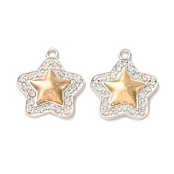 Platinum & Light Gold Colgantes de aleación de rhinestone, encantos estrella, platino y oro claro, 32x19.5x4 mm, agujero: 1.8 mm