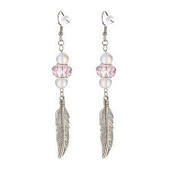 Pink Feather with Round Beads Long Dangle Earrings for Girl Women, Antique Silver, Pink, 95.5mm, Pin: 0.7mm
