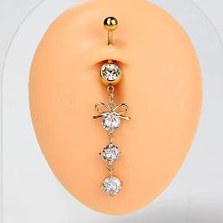 Bowknot 304 Кольца для живота в форме изогнутой штанги из нержавеющей стали с прозрачным кубическим цирконием, золотые, бантом, 59 мм