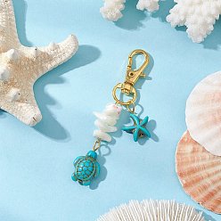 Темно-бирюзовый Подвеска в виде ракушки с кристаллами из синтетической бирюзы и натурального белого перламутра в виде морской звезды и морской черепахи, с сплава шарнирного когтя омара застежками, темные бирюзовый, 74~76 мм
